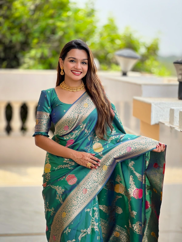 PAITHANI_HOUSE301 Traditional Banarasi Silk Saree with Meenakari Rich Pallu & Tassels - BANARASI - 2 - AQUA RAMA