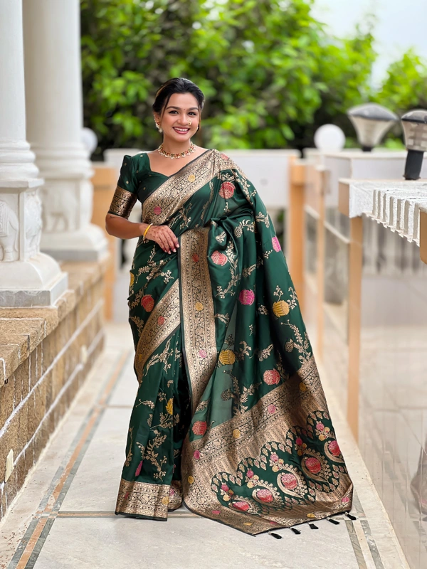 PAITHANI_HOUSE302 Traditional Banarasi Silk Saree with Meenakari Rich Pallu & Tassels - BANARASI - 2 - BOTTLE GREEN