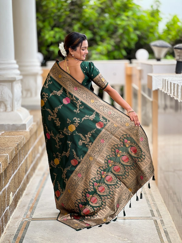 PAITHANI_HOUSE302 Traditional Banarasi Silk Saree with Meenakari Rich Pallu & Tassels - BANARASI - 2 - BOTTLE GREEN