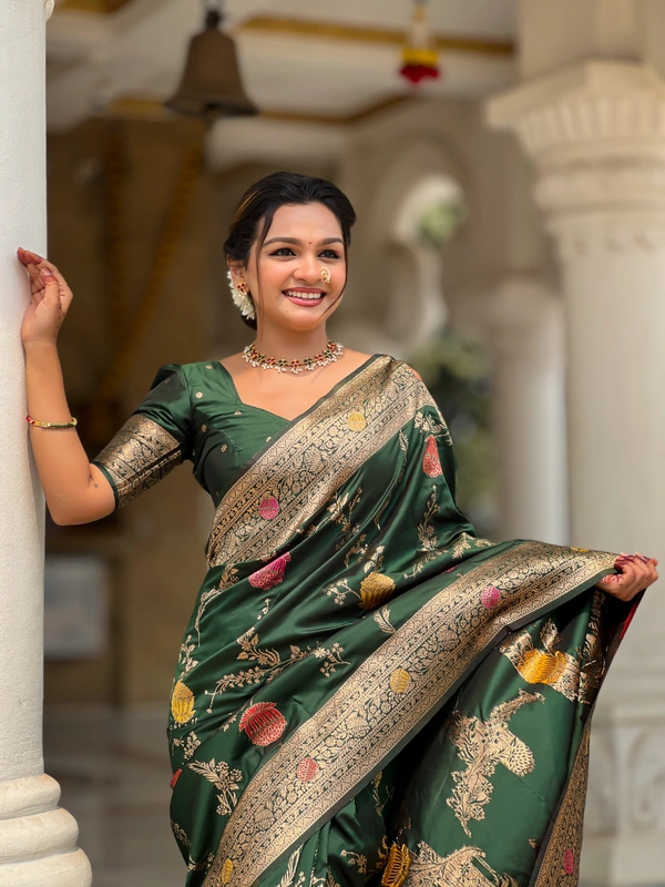 PAITHANI_HOUSE302 Traditional Banarasi Silk Saree with Meenakari Rich Pallu & Tassels - BANARASI - 2 - BOTTLE GREEN