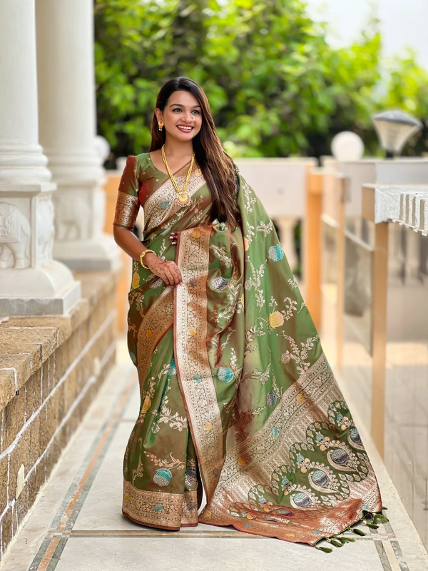 PAITHANI_HOUSE305 Traditional Banarasi Silk Saree with Meenakari Rich Pallu & Tassels - BANARASI - 2 - MEHENDI