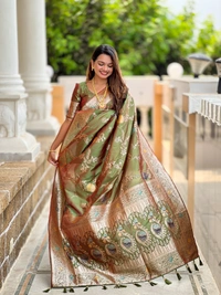 PAITHANI_HOUSE305 Traditional Banarasi Silk Saree with Meenakari Rich Pallu & Tassels - BANARASI - 2 - MEHENDI