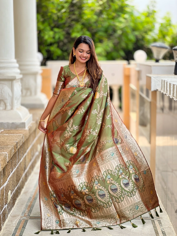 PAITHANI_HOUSE305 Traditional Banarasi Silk Saree with Meenakari Rich Pallu & Tassels - BANARASI - 2 - MEHENDI