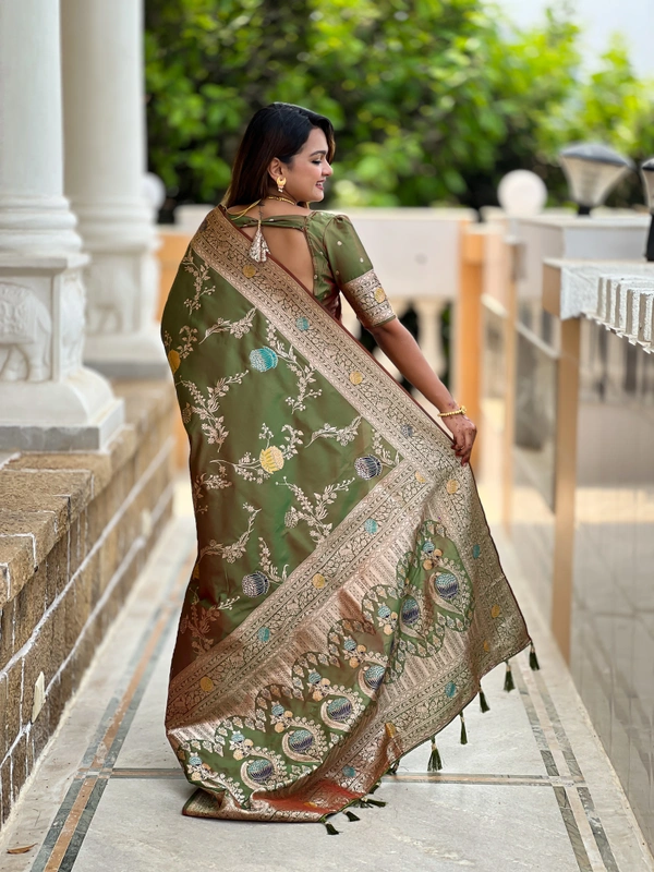 PAITHANI_HOUSE305 Traditional Banarasi Silk Saree with Meenakari Rich Pallu & Tassels - BANARASI - 2 - MEHENDI