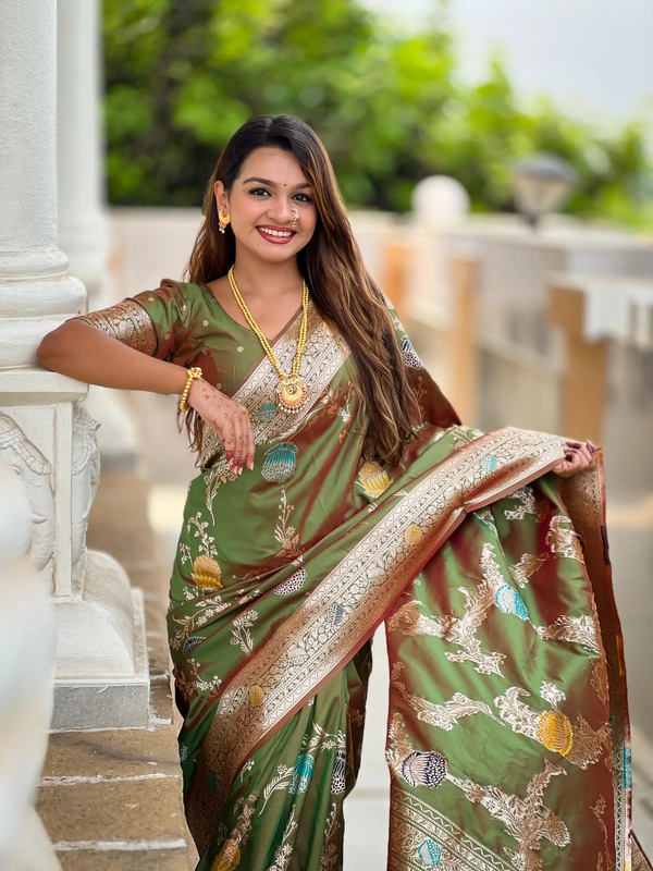 PAITHANI_HOUSE305 Traditional Banarasi Silk Saree with Meenakari Rich Pallu & Tassels - BANARASI - 2 - MEHENDI