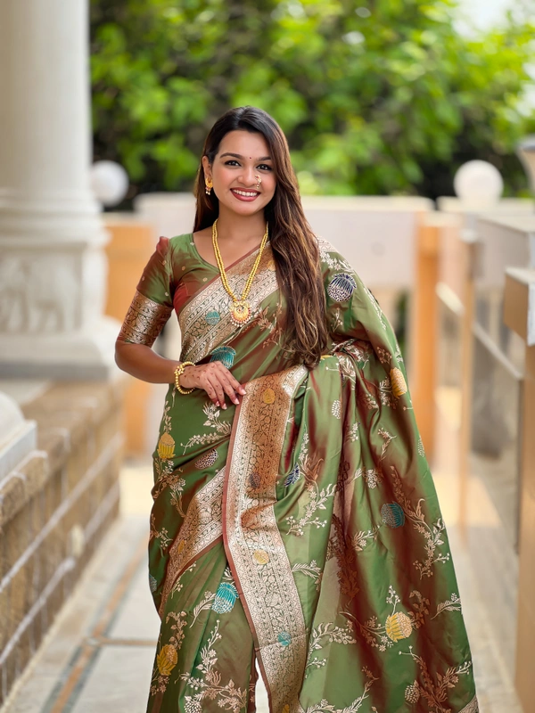 PAITHANI_HOUSE305 Traditional Banarasi Silk Saree with Meenakari Rich Pallu & Tassels - BANARASI - 2 - MEHENDI