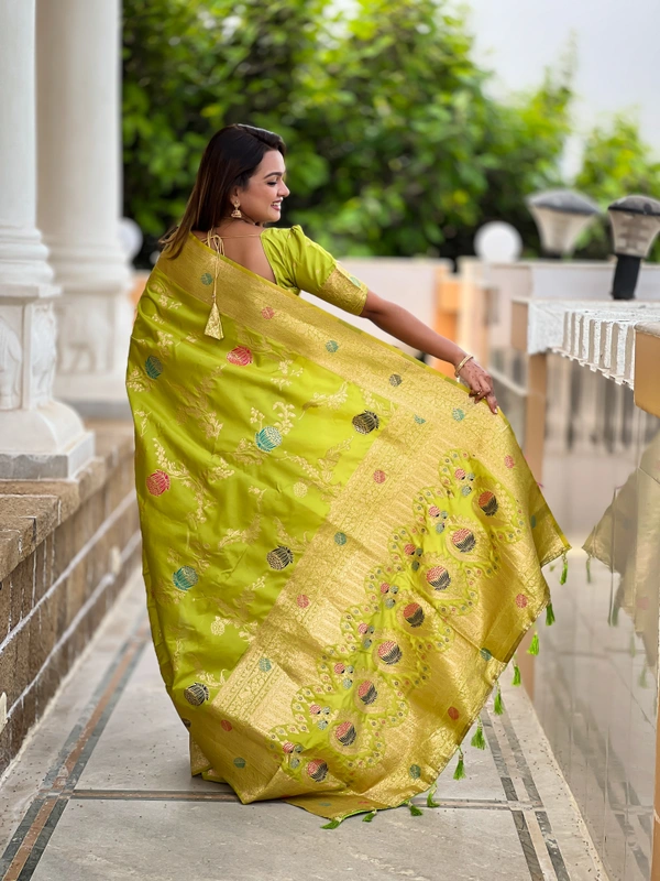 PAITHANI_HOUSE308 Traditional Banarasi Silk Saree with Meenakari Rich Pallu & Tassels - BANARASI - 2 - PERROT GREEN