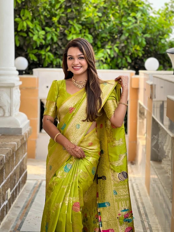 PAITHANI_HOUSE308 Traditional Banarasi Silk Saree with Meenakari Rich Pallu & Tassels - BANARASI - 2 - PERROT GREEN