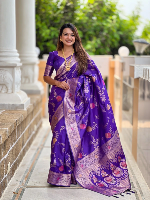 PAITHANI_HOUSE309 Traditional Banarasi Silk Saree with Meenakari Rich Pallu & Tassels - BANARASI - 2 - PURPLE