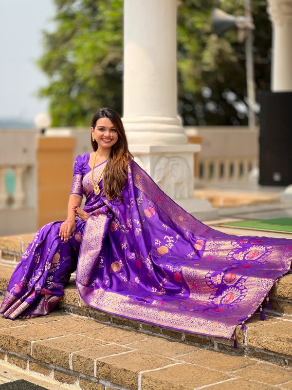 PAITHANI_HOUSE309 Traditional Banarasi Silk Saree with Meenakari Rich Pallu & Tassels - BANARASI - 2 - PURPLE