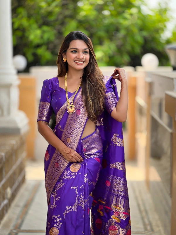 PAITHANI_HOUSE309 Traditional Banarasi Silk Saree with Meenakari Rich Pallu & Tassels - BANARASI - 2 - PURPLE