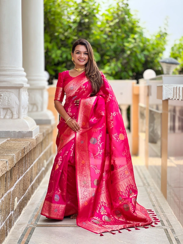 PAITHANI_HOUSE311 Traditional Banarasi Silk Saree with Meenakari Rich Pallu & Tassels - BANARASI - 2 - RANI PINK