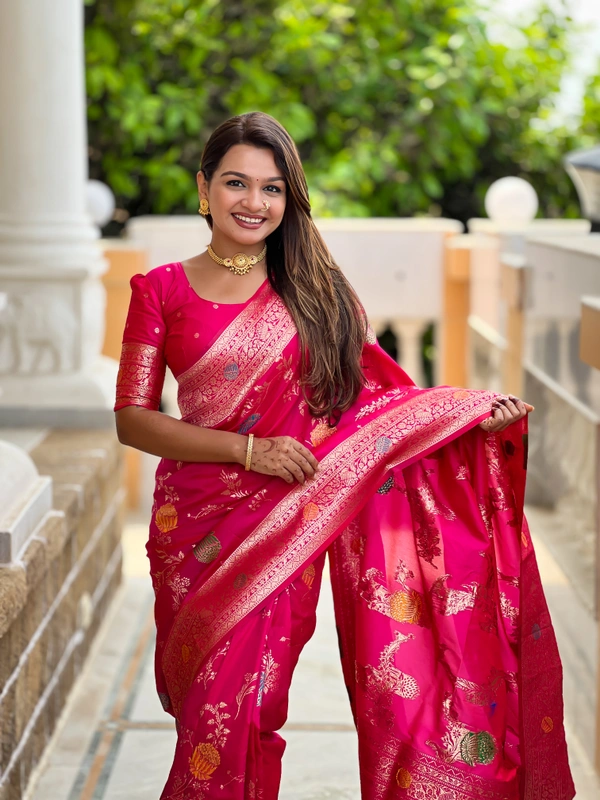 PAITHANI_HOUSE311 Traditional Banarasi Silk Saree with Meenakari Rich Pallu & Tassels - BANARASI - 2 - RANI PINK