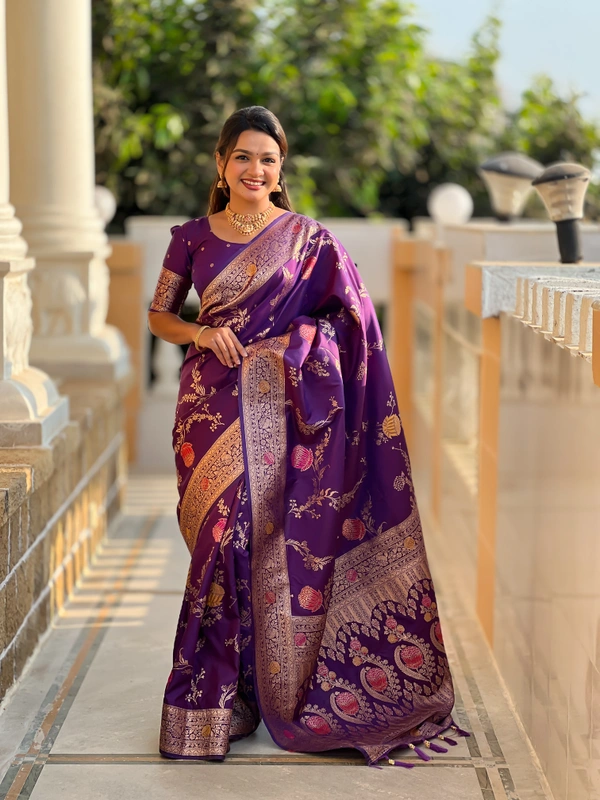 PAITHANI_HOUSE312 Traditional Banarasi Silk Saree with Meenakari Rich Pallu & Tassels - BANARASI - 2 - WINE
