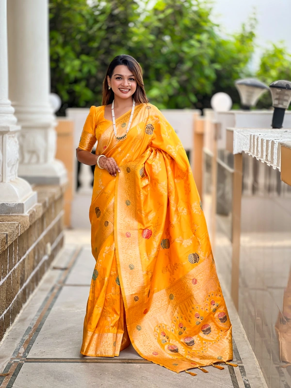 PAITHANI_HOUSE313 Traditional Banarasi Silk Saree with Meenakari Rich Pallu & Tassels - BANARASI - 2 - YELLOW
