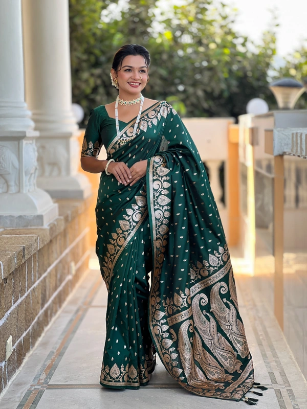 PAITHANI_HOUSE270 Traditional Banarasi Soft Silk Saree with Zari Meenakari Weaving Work -BANARASI - 9 - BOTTLE GREEN