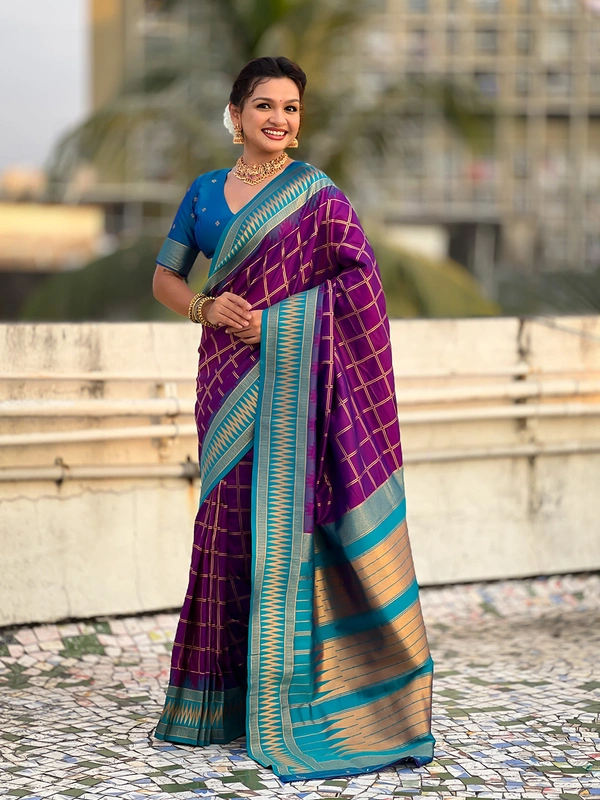 Traditional Chokda Pattern Soft Silk Saree with Gold Zari Checks & Contrast Pallu