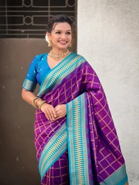 Traditional Chokda Pattern Soft Silk Saree with Gold Zari Checks & Contrast Pallu - FREE, PURPLE