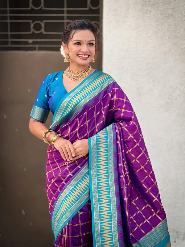 Traditional Chokda Pattern Soft Silk Saree with Gold Zari Checks & Contrast Pallu - FREE, PURPLE