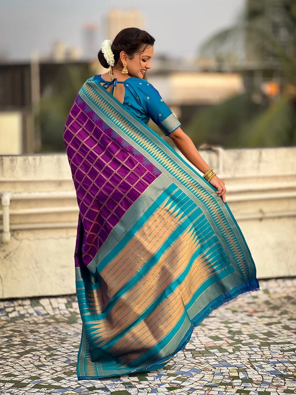 Traditional Chokda Pattern Soft Silk Saree with Gold Zari Checks & Contrast Pallu - FREE, PURPLE
