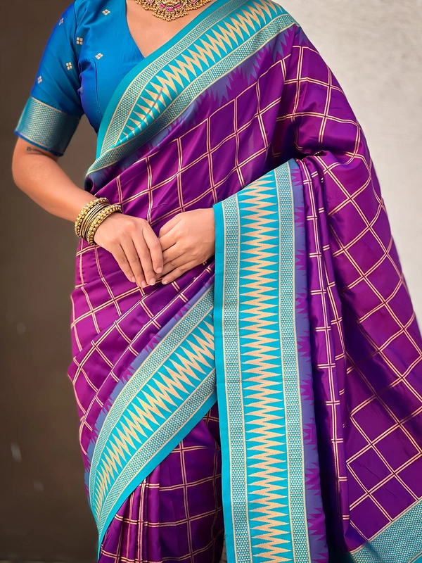 Traditional Chokda Pattern Soft Silk Saree with Gold Zari Checks & Contrast Pallu - FREE, PURPLE