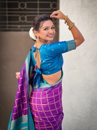 Traditional Chokda Pattern Soft Silk Saree with Gold Zari Checks & Contrast Pallu - FREE, PURPLE