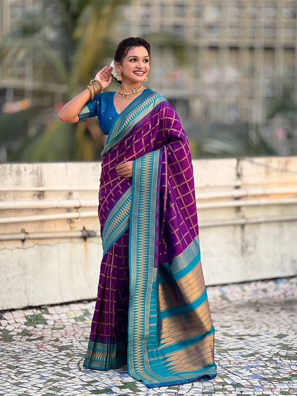 Traditional Chokda Pattern Soft Silk Saree with Gold Zari Checks & Contrast Pallu - FREE, PURPLE