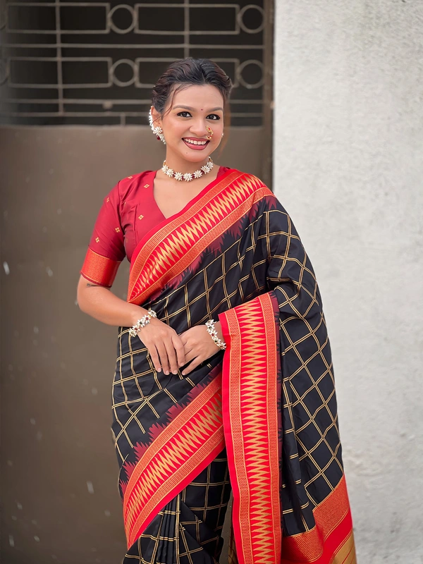 Traditional Chokda Pattern Soft Silk Saree with Gold Zari Checks & Contrast Pallu - FREE, BLACK