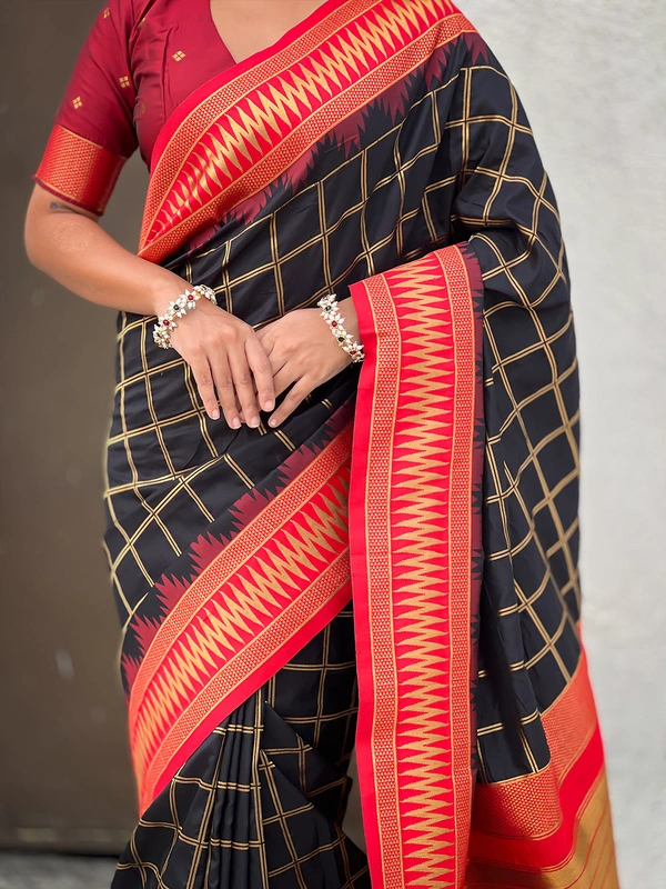 Traditional Chokda Pattern Soft Silk Saree with Gold Zari Checks & Contrast Pallu - FREE, BLACK