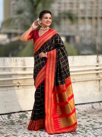 Traditional Chokda Pattern Soft Silk Saree with Gold Zari Checks & Contrast Pallu - FREE, BLACK