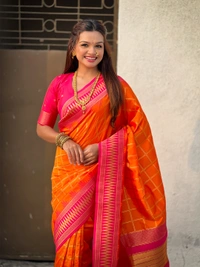 Traditional Chokda Pattern Soft Silk Saree with Gold Zari Checks & Contrast Pallu - FREE, ORANGE