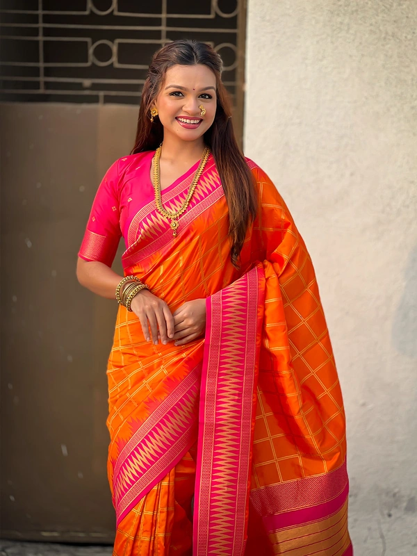 Traditional Chokda Pattern Soft Silk Saree with Gold Zari Checks & Contrast Pallu - FREE, ORANGE