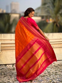 Traditional Chokda Pattern Soft Silk Saree with Gold Zari Checks & Contrast Pallu - FREE, ORANGE