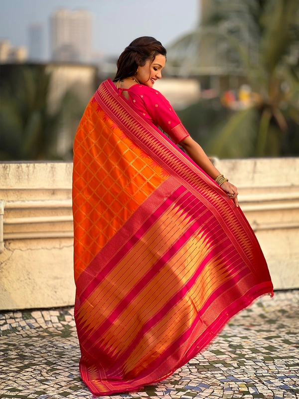 Traditional Chokda Pattern Soft Silk Saree with Gold Zari Checks & Contrast Pallu - FREE, ORANGE