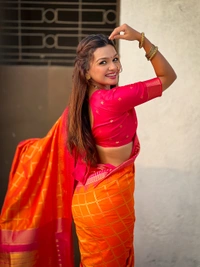 Traditional Chokda Pattern Soft Silk Saree with Gold Zari Checks & Contrast Pallu - FREE, ORANGE