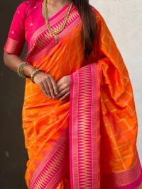 Traditional Chokda Pattern Soft Silk Saree with Gold Zari Checks & Contrast Pallu - FREE, ORANGE