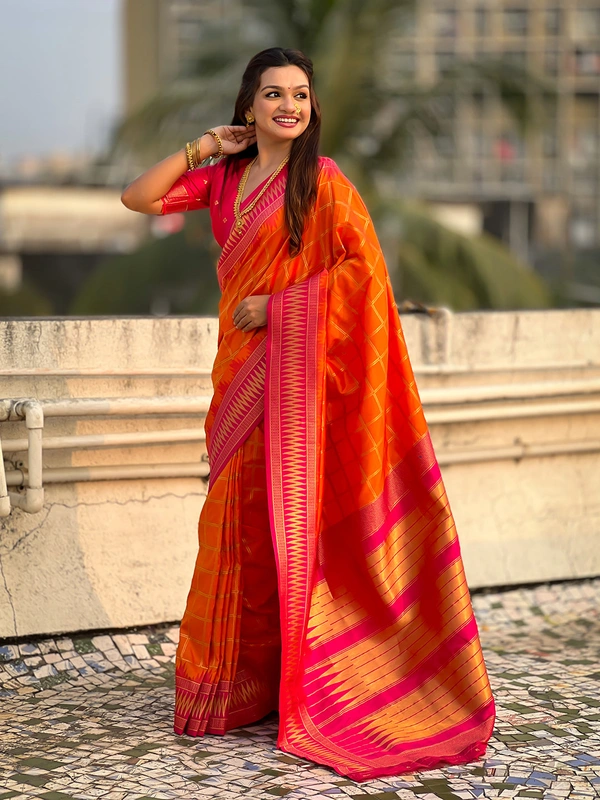 Traditional Chokda Pattern Soft Silk Saree with Gold Zari Checks & Contrast Pallu - FREE, ORANGE
