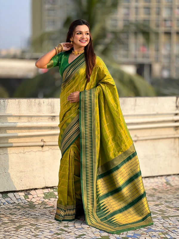Traditional Chokda Pattern Soft Silk Saree with Gold Zari Checks & Contrast Pallu - FREE, MEHENDI