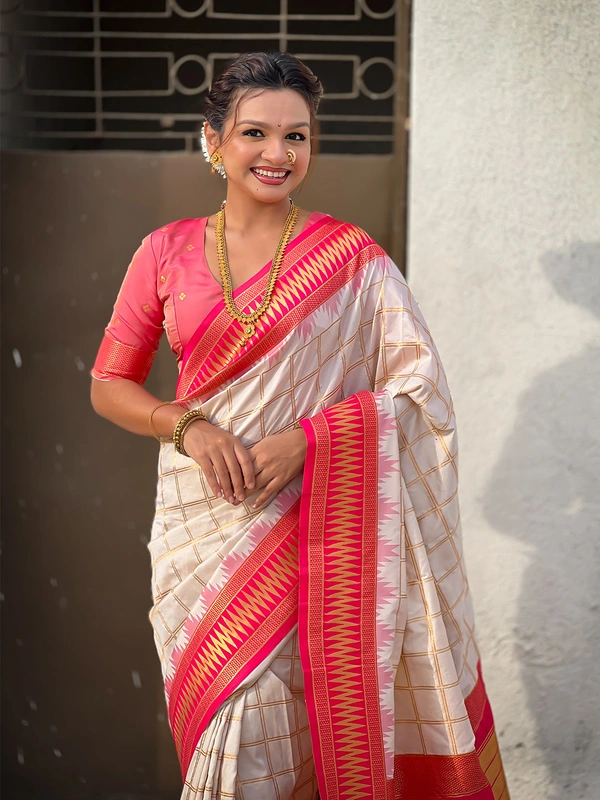 Traditional Chokda Pattern Soft Silk Saree with Gold Zari Checks & Contrast Pallu - FREE, CREAM