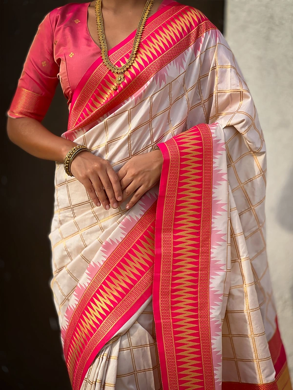 Traditional Chokda Pattern Soft Silk Saree with Gold Zari Checks & Contrast Pallu - FREE, CREAM