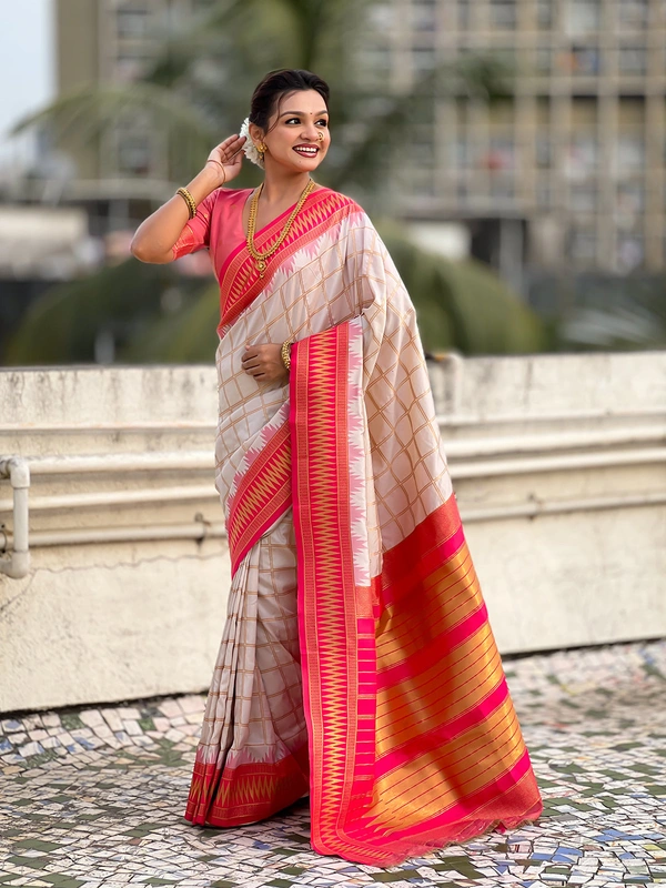 Traditional Chokda Pattern Soft Silk Saree with Gold Zari Checks & Contrast Pallu - FREE, CREAM