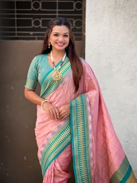 Traditional Chokda Pattern Soft Silk Saree with Gold Zari Checks & Contrast Pallu - FREE, BABYPINK