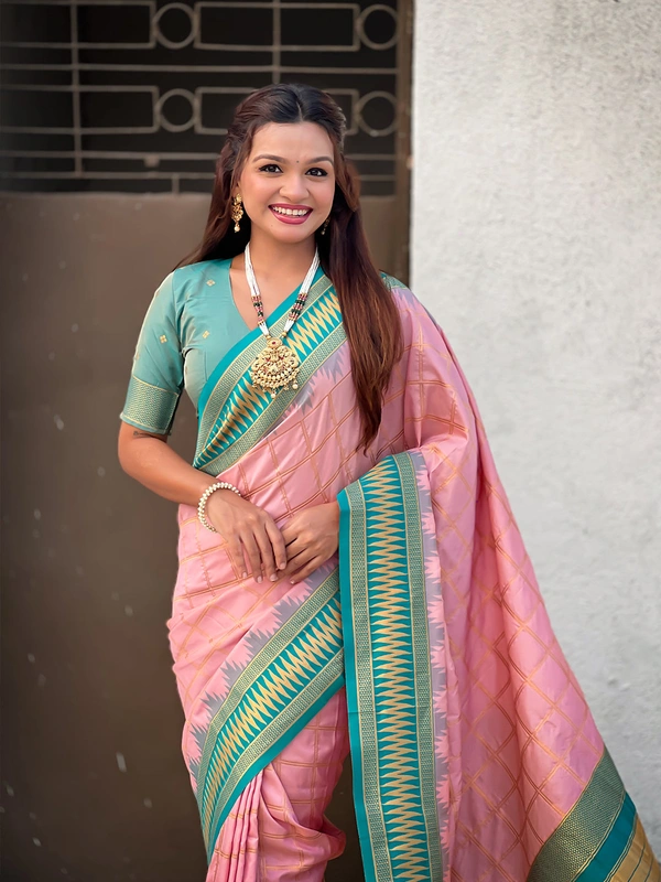 Traditional Chokda Pattern Soft Silk Saree with Gold Zari Checks & Contrast Pallu - FREE, BABYPINK