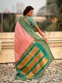Traditional Chokda Pattern Soft Silk Saree with Gold Zari Checks & Contrast Pallu - FREE, BABYPINK