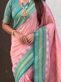 Traditional Chokda Pattern Soft Silk Saree with Gold Zari Checks & Contrast Pallu - FREE, BABYPINK