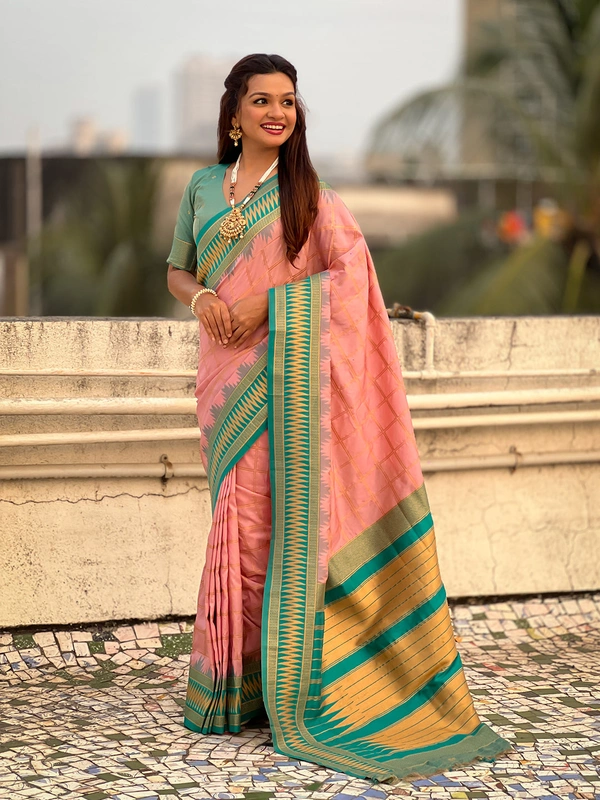 Traditional Chokda Pattern Soft Silk Saree with Gold Zari Checks & Contrast Pallu - FREE, BABYPINK