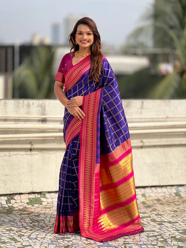 Traditional Chokda Pattern Soft Silk Saree with Gold Zari Checks & Contrast Pallu