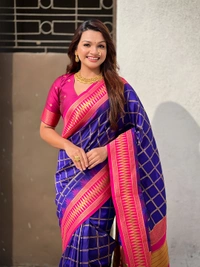 Traditional Chokda Pattern Soft Silk Saree with Gold Zari Checks & Contrast Pallu - FREE, VIOLET