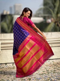 Traditional Chokda Pattern Soft Silk Saree with Gold Zari Checks & Contrast Pallu - FREE, VIOLET
