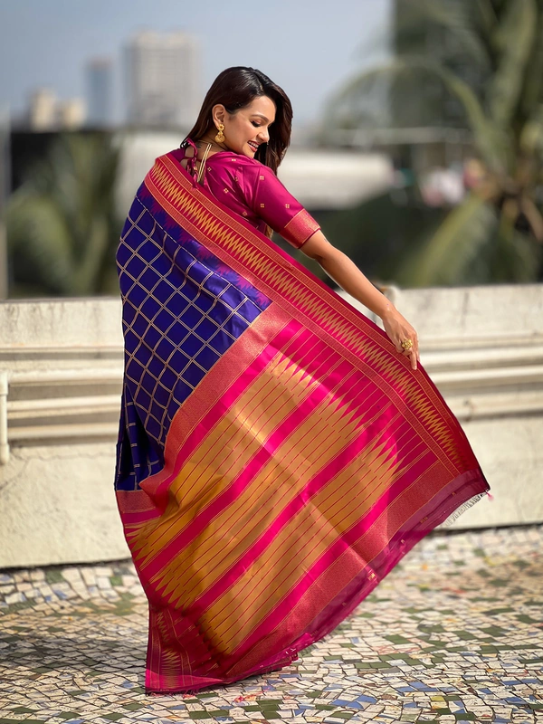 Traditional Chokda Pattern Soft Silk Saree with Gold Zari Checks & Contrast Pallu - FREE, VIOLET